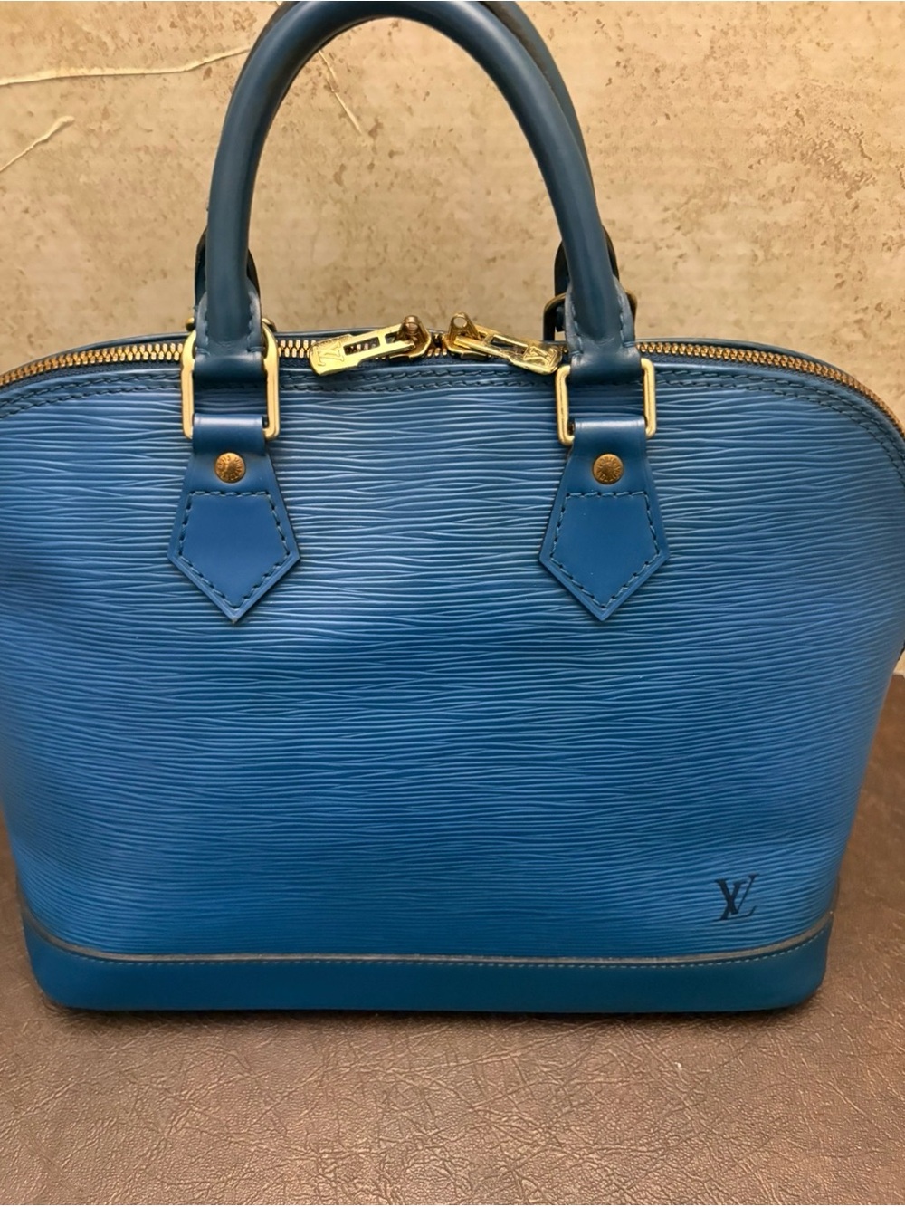 Louis Vuitton Blue Epi Alma BB Satchel with Gold Hardware